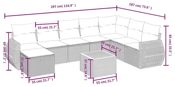9 db szürke polyrattan kerti kanapégarnitúra párnákkal