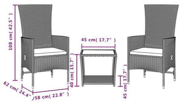 VidaXL Polyrattan Kerti Étkezőgarnitúra - 3 részes