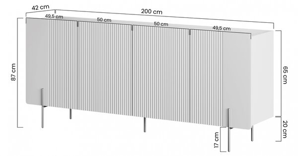 Malmi komód 200 cm négyajtós - matt fekete / fekete lábak