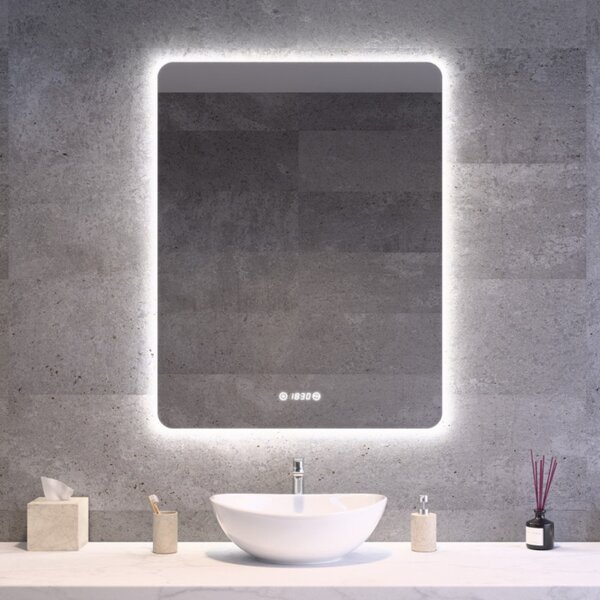 Álló fürdőszobai LED tükör 70x90cm | Páramentesítő funkció - Beépített óra - Fényerő és színhőmérséklet szabályozás | Welland Luxury-Line G1095