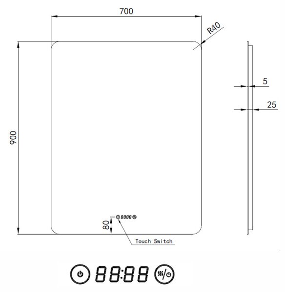 Álló fürdőszobai LED tükör 70x90cm | Páramentesítő funkció - Beépített óra - Fényerő és színhőmérséklet szabályozás | Welland Luxury-Line G1095