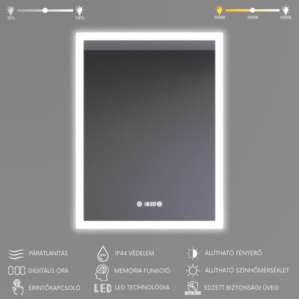 Álló fürdőszobai LED tükör 60x80cm | Páramentesítő - Óra - Fényerő és színhőmérséklet szabályozás | Welland Luxury-Line G1097