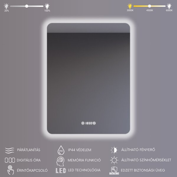 Álló fürdőszobai LED tükör 70x90cm | Páramentesítő funkció - Beépített óra - Fényerő és színhőmérséklet szabályozás | Welland Luxury-Line G1095