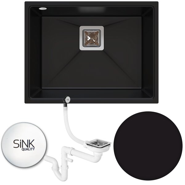 SINK Quality Mosogató Minőségi Argon 60, gránit konyhai mosogató 550x420x225 mm + króm szifon, fekete, SKQ-ARG.C.1KBO.60.X