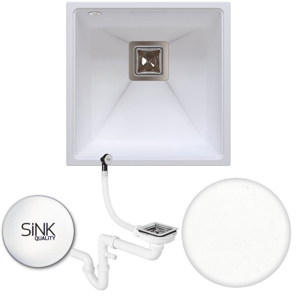 SINK Quality Mosogató Minőségi Argon 50, konyhai gránit mosogató 420x420x225 mm + króm szifon, fehér, SKQ-ARG.W.1KBO.50.X