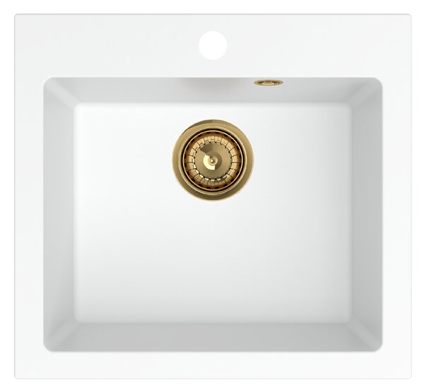 SINK Quality Mosogató Quality Ferrum 50, konyhai gránit mosogató 490x450x195 mm + arany szifon, fehér, SKQ-FER.W.1K50.XG
