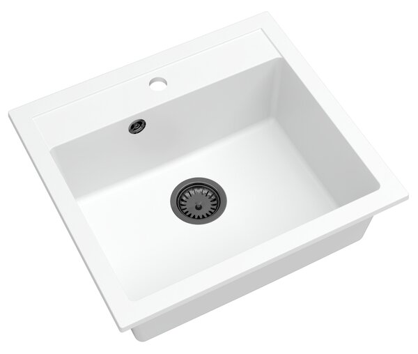 SINK Quality Mosogató Quality Ferrum, konyhai gránit mosogató 565x510x205 mm + fekete szifon, fehér, SKQ-FER.W.1K60.XB
