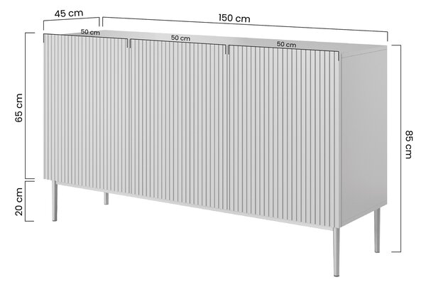 Nicole komód 150 cm háromajtós, bordázott előlap - zsálya / arany lábak