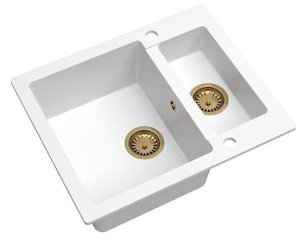 SINK Quality Mosogató Quality Ferrum, konyhai gránit mosogató 605x495x210 mm + arany szifon, fehér, SKQ-FER.W.5KBO.XG