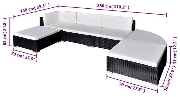 6 részes fekete polyrattan kerti ülőgarnitúra párnákkal