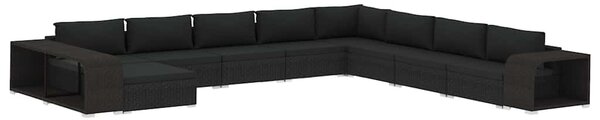 11-részes fekete polyrattan kerti bútorszett párnákkal