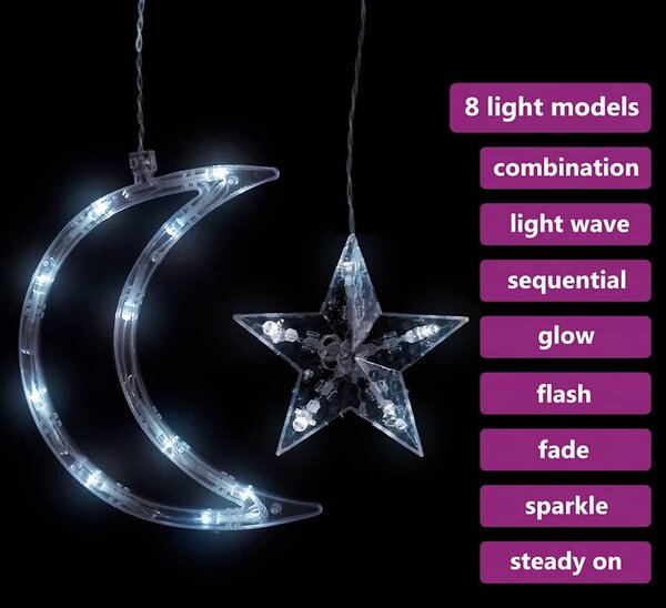345 hideg fehér LED-es csillag és hold fényfüzér távirányítóval