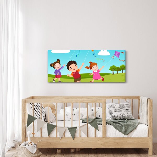 Kép - Sárkányrepülőt éngedő gyermekek (120x50 cm)