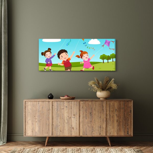 Kép - Sárkányrepülőt éngedő gyermekek (120x50 cm)