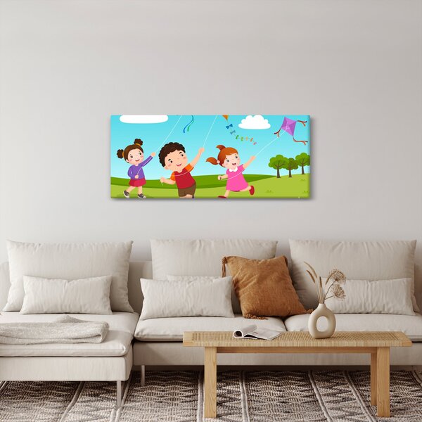 Kép - Sárkányrepülőt éngedő gyermekek (120x50 cm)