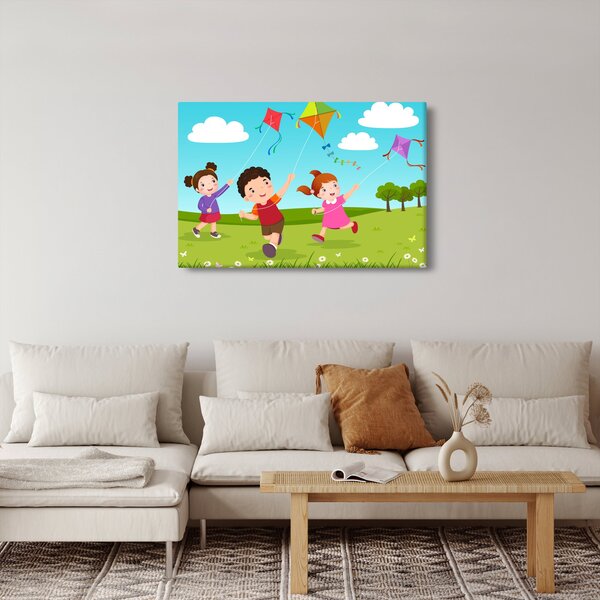 Kép - Sárkányrepülőt éngedő gyermekek (90x60 cm)