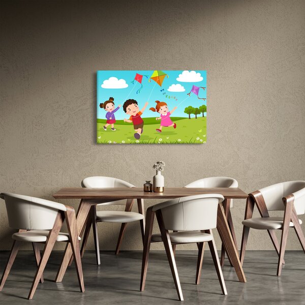 Kép - Sárkányrepülőt éngedő gyermekek (90x60 cm)