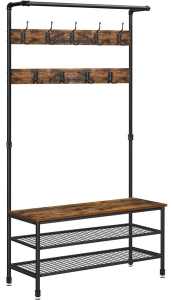 Előszoba fogas polccal, akasztókkal, cipőtartóval és ülőkével, rusztikus barna 97x41x182cm