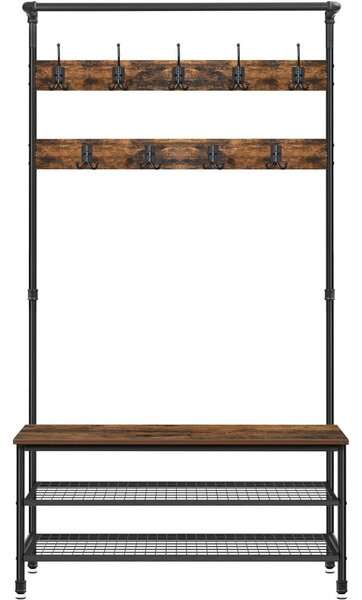 Előszoba fogas polccal, akasztókkal, cipőtartóval és ülőkével, rusztikus barna 97x41x182cm