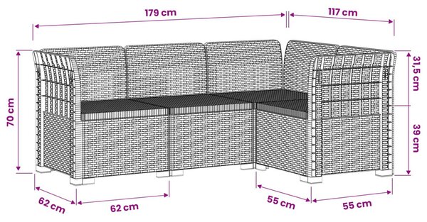 4-Fős Kerti Kanapé Rattan Hatással PP Fehér