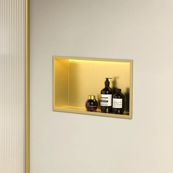 Süllyesztett fürdőszobai polc LED 30x45 brush gold