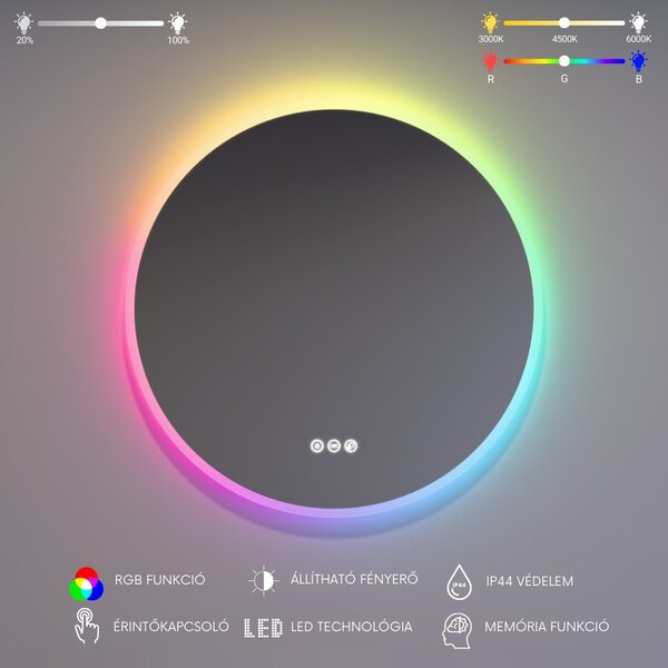 Kerek LED tükör Ø60cm Welland Alpha | Fehér és színes háttérvilágítás - RGB funkciók