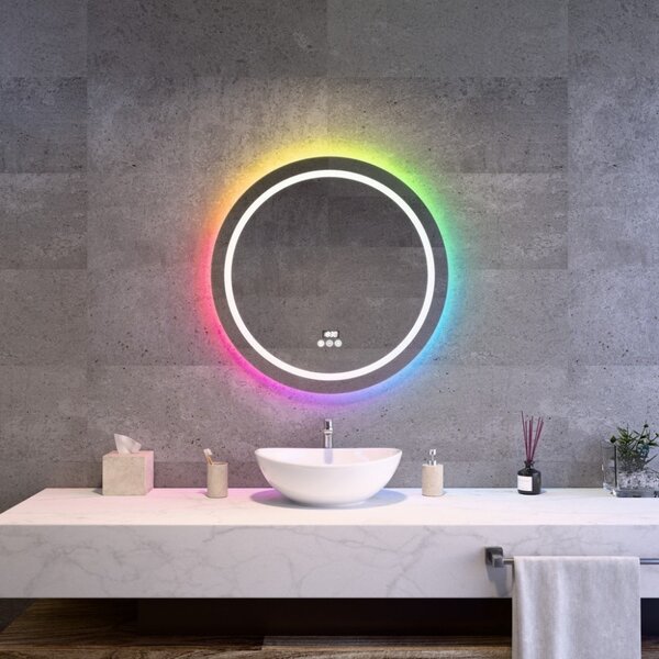 Kerek LED tükör Ø70cm Welland Beta | RGB funkció - Páramentesítő - Óra - Fényerő + színhőfok állítás