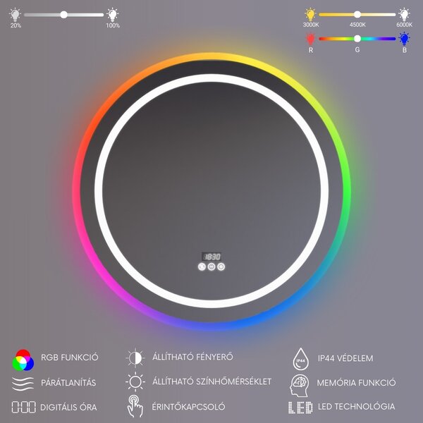 Kerek LED tükör Ø70cm Welland Beta | RGB funkció - Páramentesítő - Óra - Fényerő + színhőfok állítás