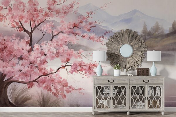 Fotótapéta Tájkép: rózsaszín virágú fa, a háttérben egy tó és ködös hegyek, Fotótapéta erdő, Fotótapéta erdő fák, w09870 : Uwalls.hu