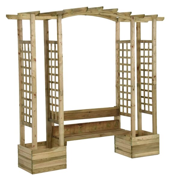 Tömör impregnált fenyőfa kerti pergola paddal és virágtartókkal