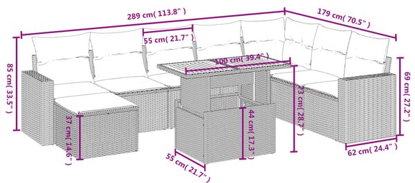 9 részes fekete polyrattan kerti ülőgarnitúra párnákkal