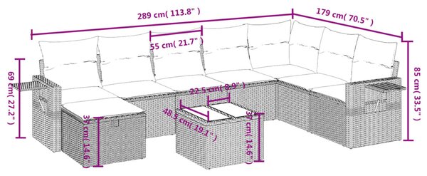 9 részes fekete polyrattan kerti ülőgarnitúra párnákkal