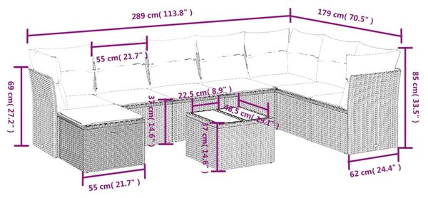 9 részes fekete polyrattan kerti ülőgarnitúra párnákkal