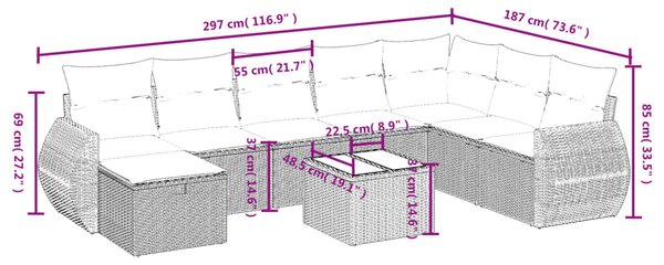 9 részes fekete polyrattan kerti ülőgarnitúra párnákkal