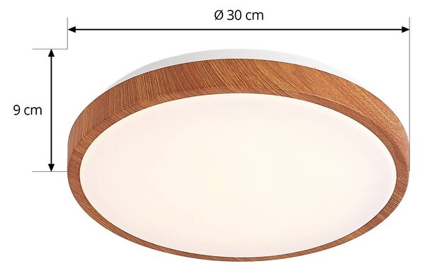 Lindby LED mennyezeti világítás Mynte, Ø30cm, faoptika, műanyag, Világos fa, Nappali / Étkező, Műanyag, Modern