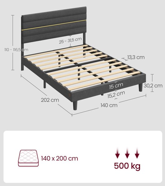 VASAGLE RMB504G01 Dupla Ágy Fém és Tömör Fa Állítható Kárpitozott Fejtámlával Palaszürke