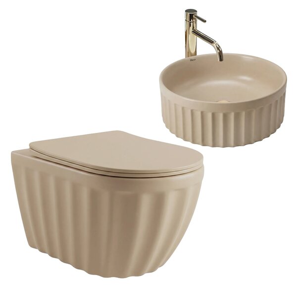 Szett: Fali WC csésze + Pultra szerelhető mosdókagyló Rea Duo Caffe Latte Matt