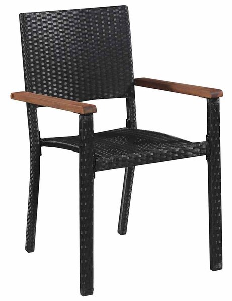 5 darabos fekete kültéri polyrattan és akácfa étkezőszett