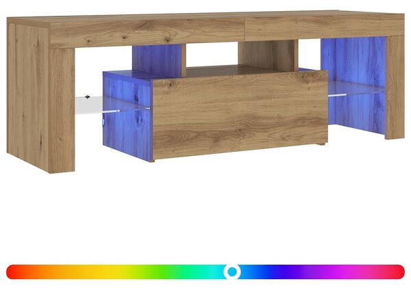 Kézműves tölgy szerelt fa TV-szekrény LED-ekkel 120x36,5x40 cm