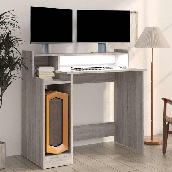 Szürke sonoma színű szerelt fa íróasztal LED-ekkel 97x45x90 cm