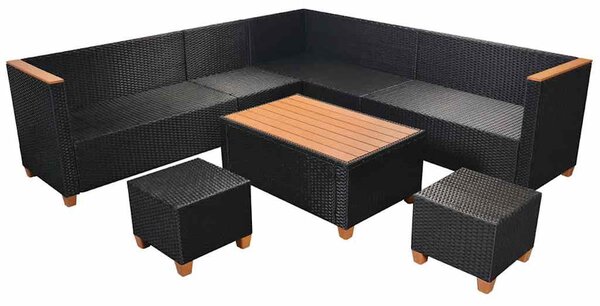 7-részes fekete polyrattan kerti bútorszett párnákkal