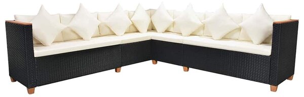 7-részes fekete polyrattan kerti bútorszett párnákkal