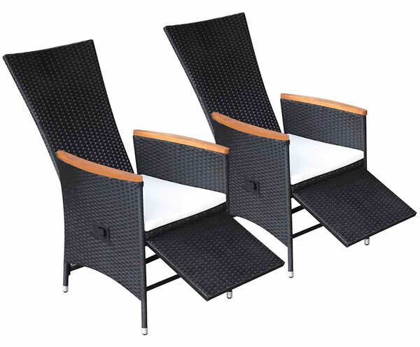 2 db fekete dönthető háttámlás polyrattan kerti szék párnával