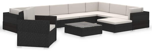12-részes fekete polyrattan kerti bútorszett párnákkal