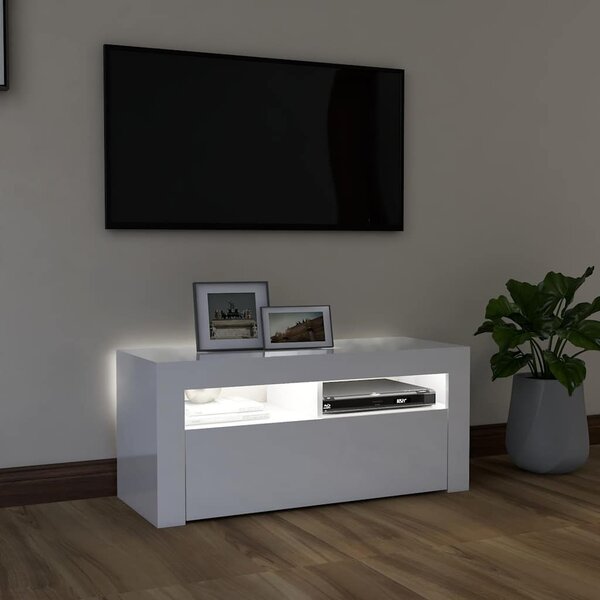 Magasfényű fehér TV-szekrény LED lámpákkal 90x35x40 cm