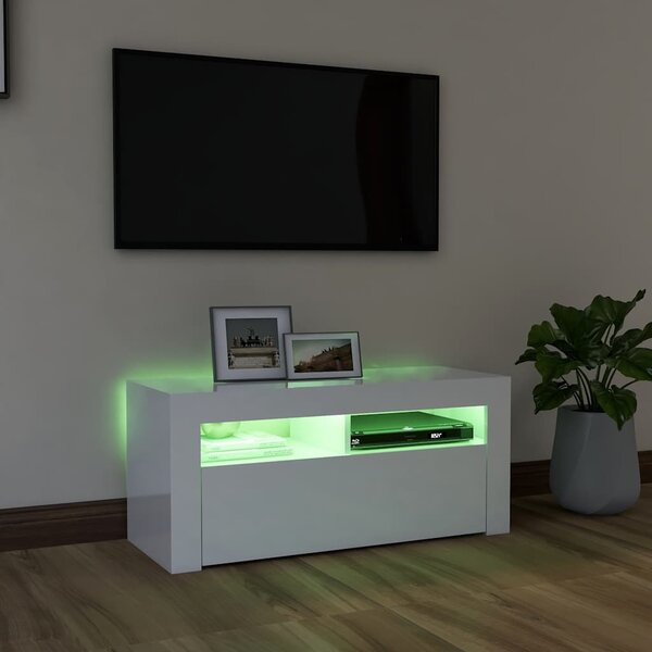 Magasfényű fehér TV-szekrény LED lámpákkal 90x35x40 cm