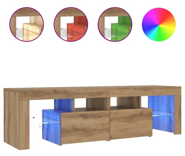 Kézműves tölgy szerelt fa TV-szekrény LED-ekkel 140x36,5x40 cm
