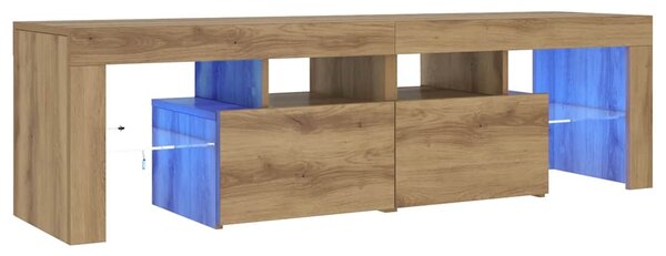 Kézműves tölgy szerelt fa TV-szekrény LED-ekkel 140x36,5x40 cm