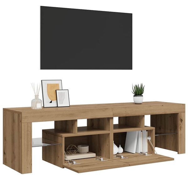 Kézműves tölgy szerelt fa TV-szekrény LED-ekkel 140x36,5x40 cm