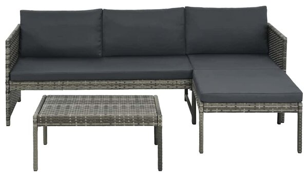 3-részes szürke polyrattan kerti bútorszett párnákkal